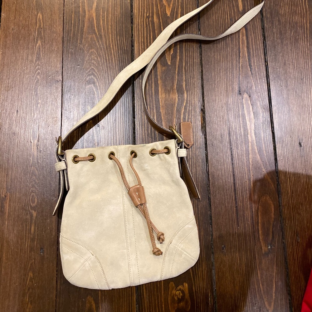 COACH beige suede long strap bag